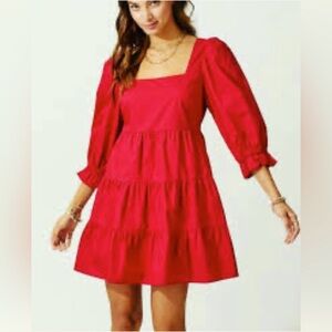 DAY & MOON Red puff sleeve tiered mini dress size M